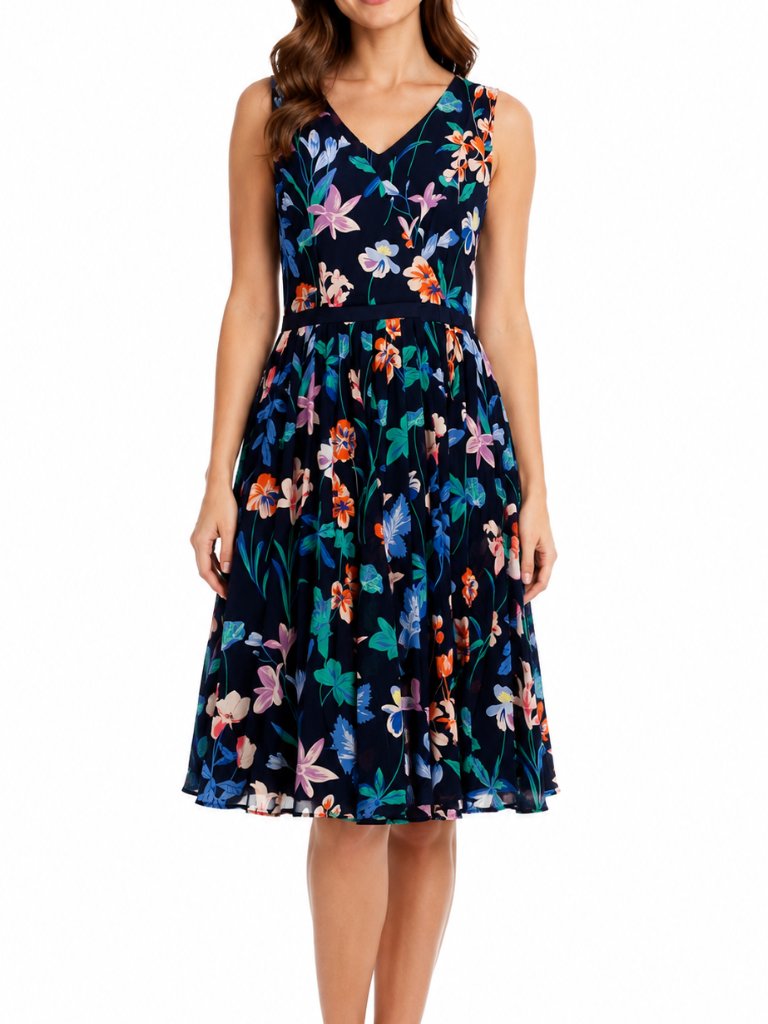 Talbots Navy Sleeveless Twirl Dress With Floral Print Size 4